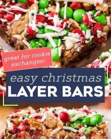 These easy Christmas 7 Layer Bars are great to make for the holidays!  Literally layer upon layer of deliciousness, this classic dessert goes by many names, such as magic cookie bars, hello dolly bars, etc... but no matter what you call them, they'll be a crowd-pleasing dessert! #7layerbars #magiccookiebars #hellodolly #kitchensink #sevenlayerbars #cookiebars #dessert #baking #holiday #christmas