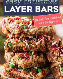 These easy Christmas 7 Layer Bars are great to make for the holidays!  Literally layer upon layer of deliciousness, this classic dessert goes by many names, such as magic cookie bars, hello dolly bars, etc... but no matter what you call them, they'll be a crowd-pleasing dessert! #7layerbars #magiccookiebars #hellodolly #kitchensink #sevenlayerbars #cookiebars #dessert #baking #holiday #christmas