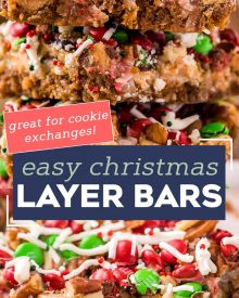 These easy Christmas 7 Layer Bars are great to make for the holidays!  Literally layer upon layer of deliciousness, this classic dessert goes by many names, such as magic cookie bars, hello dolly bars, etc... but no matter what you call them, they'll be a crowd-pleasing dessert! #7layerbars #magiccookiebars #hellodolly #kitchensink #sevenlayerbars #cookiebars #dessert #baking #holiday #christmas