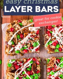 These easy Christmas 7 Layer Bars are great to make for the holidays!  Literally layer upon layer of deliciousness, this classic dessert goes by many names, such as magic cookie bars, hello dolly bars, etc... but no matter what you call them, they'll be a crowd-pleasing dessert! #7layerbars #magiccookiebars #hellodolly #kitchensink #sevenlayerbars #cookiebars #dessert #baking #holiday #christmas