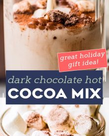 This Dark Hot Chocolate Mix is made with just a handful of simple ingredients, such as dark cocoa powder, powdered milk, sugar, and powdered creamer.  Top with mini chocolate chips and marshmallows and pour yourself a steaming hot mug of cocoa in just a minute or two! #hotchocolate #hotcocoa #darkchocolate #chocolate #cocoa #hotdrink #winter #holidays #homemademix #homemadegift