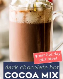 This Dark Hot Chocolate Mix is made with just a handful of simple ingredients, such as dark cocoa powder, powdered milk, sugar, and powdered creamer.  Top with mini chocolate chips and marshmallows and pour yourself a steaming hot mug of cocoa in just a minute or two! #hotchocolate #hotcocoa #darkchocolate #chocolate #cocoa #hotdrink #winter #holidays #homemademix #homemadegift