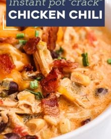 This ultra creamy Crack Chicken Chili is made in about 30 minutes in the Instant Pot.  Made with shredded chicken, beans, cheese, ranch seasoning and plenty of spice, it's the perfect weeknight dinner recipe the whole family will LOVE! #chickenchili #crackchicken #instantpot #pressurecooker #ranch #dinner #easyrecipe #weeknight