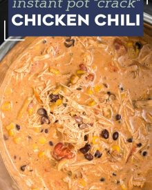 This ultra creamy Crack Chicken Chili is made in about 30 minutes in the Instant Pot.  Made with shredded chicken, beans, cheese, ranch seasoning and plenty of spice, it's the perfect weeknight dinner recipe the whole family will LOVE! #chickenchili #crackchicken #instantpot #pressurecooker #ranch #dinner #easyrecipe #weeknight