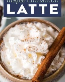 Get a quick energy boost by whipping up this delicious Maple Cinnamon Latte!  Easy to make at home with tips for making your own steamed milk/foam and coffee instructions in case you don't have access to espresso. #latte #maple #cinnamon #coffee #homebrew #coffeeshop #homemade #easyrecipe