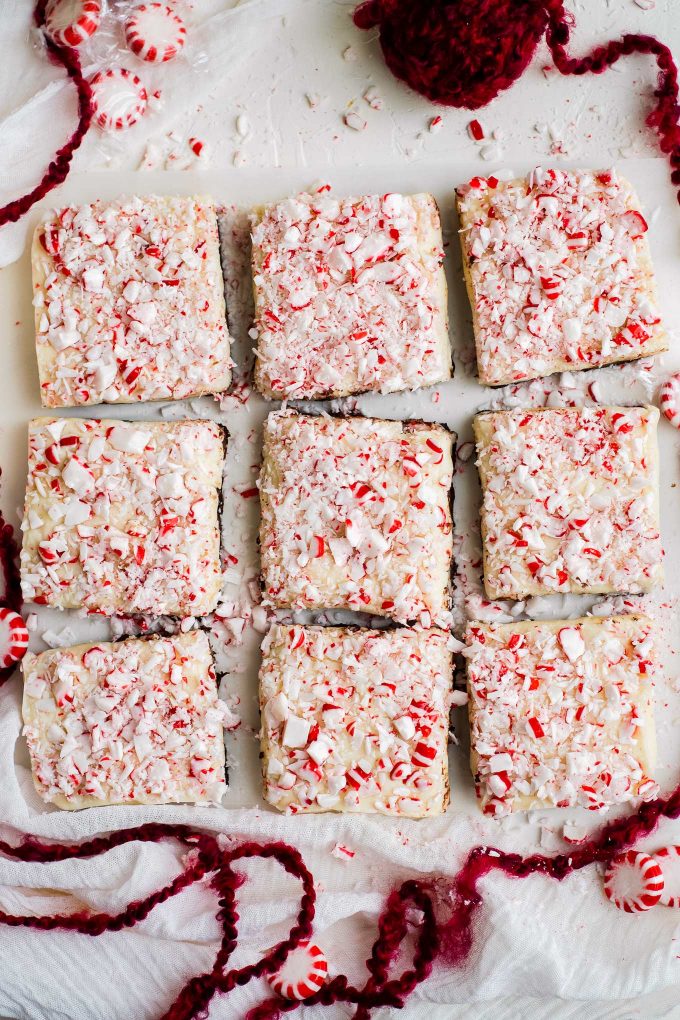 squares of fudge with peppermint on top