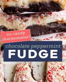 This Peppermint Fudge Recipe is a simple and easy fudge that doesn't need a candy thermometer, just sweetened condensed milk. Perfect for the holidays or as a gift, this no-bake dessert is always a crowd pleaser! #fudge #nobake #chocolate #peppermint #mint #holiday #baking #christmas #winter #fudgerecipe #easyrecipe