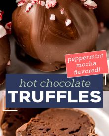 These Peppermint Mocha Hot Chocolate Truffles are the perfect no-bake treat!  Yummy as is, or add one to a mug and pour hot milk over the top to make the most luscious hot chocolate ever! Using simple ingredients, you can have these whipped up in no time! #truffles #chocolate #holidayrecipes #christmas #hotchocolate #dessertrecipe #easydessert #trufflerecipes #hotcocoa  #holiday #easyrecipe #hotchocolatebombs 