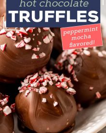 These Peppermint Mocha Hot Chocolate Truffle Bombs are the perfect no-bake treat!  Add one to a mug and pour hot milk over the top to make the most luscious hot chocolate ever! Using simple ingredients, you can have these whipped up in no time!#truffles #chocolate #holidayrecipes #christmas #hotchocolate #dessertrecipe #easydessert #trufflerecipes #hotcocoa  #holiday #easyrecipe #hotchocolatebombs