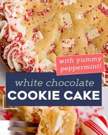 This Peppermint Sugar Cookie Cake is soft and chewy in the center, crisp around the edges, and filled with plenty of white chocolate/peppermint chunks.  The silky peppermint vanilla buttercream makes this a perfect holiday dessert! #sugarcookie #cookiecake #peppermint #whitechocolate #cookie #cake #holiday #dessert #dessertrecipe #easyrecipe #christmas #baking