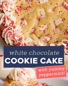 This Peppermint Sugar Cookie Cake is soft and chewy in the center, crisp around the edges, and filled with plenty of white chocolate/peppermint chunks.  The silky peppermint vanilla buttercream makes this a perfect holiday dessert! #sugarcookie #cookiecake #peppermint #whitechocolate #cookie #cake #holiday #dessert #dessertrecipe #easyrecipe #christmas #baking