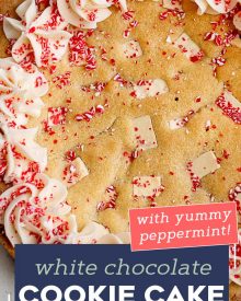 This Peppermint Sugar Cookie Cake is soft and chewy in the center, crisp around the edges, and filled with plenty of white chocolate/peppermint chunks.  The silky peppermint vanilla buttercream makes this a perfect holiday dessert! #sugarcookie #cookiecake #peppermint #whitechocolate #cookie #cake #holiday #dessert #dessertrecipe #easyrecipe #christmas #baking