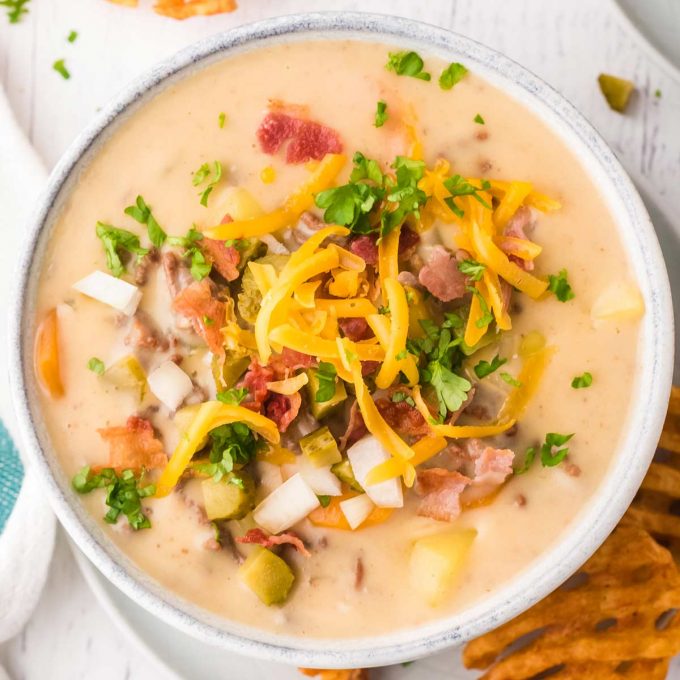 overhead view of a bowl of cheeseburger soup