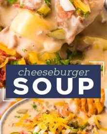 This easy Slow Cooker Cheeseburger Soup is SO delicious and sure to be a new family favorite dinner!  It’s classic American comfort food, in soul-warming soup form. #cheeseburgersoup #cheeseburger #soup #loadedcheeseburgersoup #cheesysoup #slowcooker #crockpot #beef