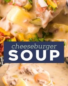 This easy Slow Cooker Cheeseburger Soup is SO delicious and sure to be a new family favorite dinner!  It’s classic American comfort food, in soul-warming soup form. #cheeseburgersoup #cheeseburger #soup #loadedcheeseburgersoup #cheesysoup #slowcooker #crockpot #beef