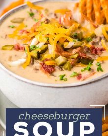 This easy Slow Cooker Cheeseburger Soup is SO delicious and sure to be a new family favorite dinner!  It’s classic American comfort food, in soul-warming soup form. #cheeseburgersoup #cheeseburger #soup #loadedcheeseburgersoup #cheesysoup #slowcooker #crockpot #beef