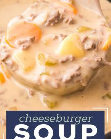 This easy Slow Cooker Cheeseburger Soup is SO delicious and sure to be a new family favorite dinner!  It’s classic American comfort food, in soul-warming soup form. #cheeseburgersoup #cheeseburger #soup #loadedcheeseburgersoup #cheesysoup #slowcooker #crockpot #beef