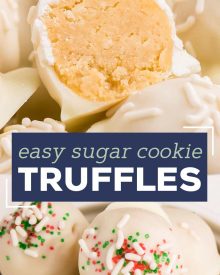 These Sugar Cookie Truffles are the perfect no-bake holiday dessert!  Using just 3 ingredients, plus some optional sprinkles, you can have these whipped up in no time! #truffles #sugarcookie #holidayrecipes #christmas #christmastruffles #dessertrecipe #easydessert #trufflerecipes #holidaytreatrecipes  #holiday #easyrecipe #christmasrecipe  #sugarcookietruffles #whitechocolate 