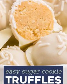 These Sugar Cookie Truffles are the perfect no-bake holiday dessert!  Using just 3 ingredients, plus some optional sprinkles, you can have these whipped up in no time! #truffles #sugarcookie #holidayrecipes #christmas #christmastruffles #dessertrecipe #easydessert #trufflerecipes #holidaytreatrecipes  #holiday #easyrecipe #christmasrecipe  #sugarcookietruffles #whitechocolate 