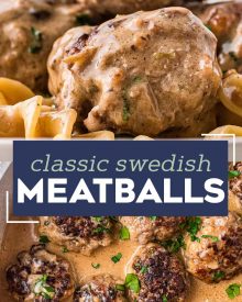 These Classic Swedish Meatballs are made with tender homemade meatballs in a rich and creamy brown gravy.  So simple to make, easy to prep ahead, and perfect to serve up to the family for dinner over some egg noodles or mashed potatoes! #meatballs #swedish #pork #beef #easyrecipe #dinner #comfortfood 