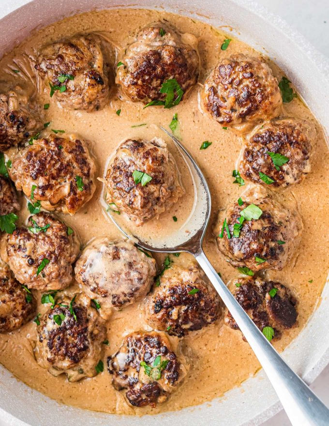 spoonful of Swedish meatballs and sauce