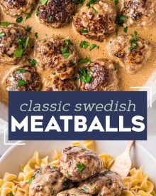 These Classic Swedish Meatballs are made with tender homemade meatballs in a rich and creamy brown gravy.  So simple to make, easy to prep ahead, and perfect to serve up to the family for dinner over some egg noodles or mashed potatoes! #meatballs #swedish #pork #beef #easyrecipe #dinner #comfortfood 