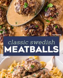 These Classic Swedish Meatballs are made with tender homemade meatballs in a rich and creamy brown gravy.  So simple to make, easy to prep ahead, and perfect to serve up to the family for dinner over some egg noodles or mashed potatoes! #meatballs #swedish #pork #beef #easyrecipe #dinner #comfortfood 