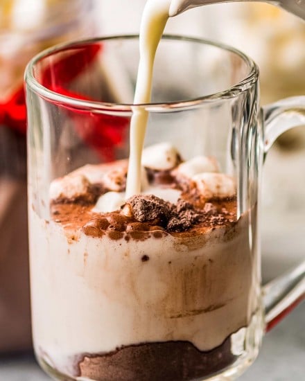 This Dark Hot Chocolate Mix is made with just a handful of simple ingredients, such as dark cocoa powder, powdered milk, sugar, and powdered creamer.  Top with mini chocolate chips and marshmallows and pour yourself a steaming hot mug of cocoa in just a minute or two! #hotchocolate #hotcocoa #darkchocolate #chocolate #cocoa #hotdrink #winter #holidays #homemademix #homemadegift