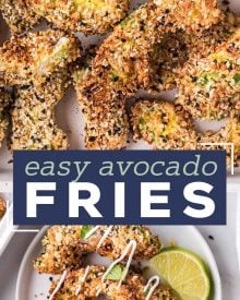 These everything bagel seasoned avocado fries are cooked in the air fryer and are a healthy and super easy side dish/appetizer.  Perfectly crispy on the outside and so creamy in the middle, they're great on their own with a dipping sauce, or as a topping on a burger or sandwich! #airfryer #airfryerrecipe #avocado #avocadorecipe #avocadofries #friedavocado #snack #appetizer