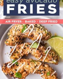 These everything bagel seasoned avocado fries are cooked in the air fryer and are a healthy and super easy side dish/appetizer.  Perfectly crispy on the outside and so creamy in the middle, they're great on their own with a dipping sauce, or as a topping on a burger or sandwich! #airfryer #airfryerrecipe #avocado #avocadorecipe #avocadofries #friedavocado #snack #appetizer