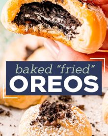 With just 2 base ingredients (plus a totally optional ingredient or two), these baked "fried" Oreos are an easier (and much less oily) version of your favorite fair food!  This amazing dessert is sure to be a family favorite! #oreo #fried #baked #fairfood #dessert #dessertrecipe