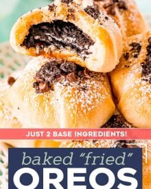 With just 2 base ingredients (plus a totally optional ingredient or two), these baked "fried" Oreos are an easier (and much less oily) version of your favorite fair food!  This amazing dessert is sure to be a family favorite! #oreo #fried #baked #fairfood #dessert #dessertrecipe