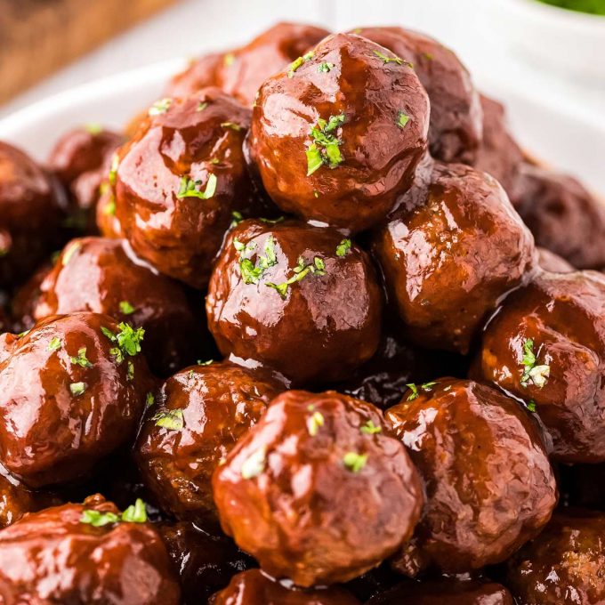 pile of bbq meatballs in white bowl