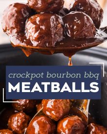 These crockpot bourbon bbq meatballs take just 5 minutes to prep and are the best appetizer for game day, football season or a fun night at home with the family! Sweet, savory and tangy, these meatballs will be the hit of your next party! #meatballs #party #appetizer #gameday #cocktailmeatballs #bourbon #bbq #crockpot #slowcooker