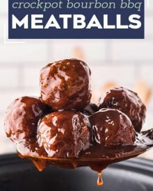 These crockpot bourbon bbq meatballs take just 5 minutes to prep and are the best appetizer for game day, football season or a fun night at home with the family! Sweet, savory and tangy, these meatballs will be the hit of your next party! #meatballs #party #appetizer #gameday #cocktailmeatballs #bourbon #bbq #crockpot #slowcooker