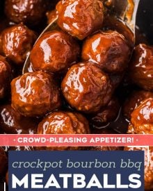 These crockpot bourbon bbq meatballs take just 5 minutes to prep and are the best appetizer for game day, football season or a fun night at home with the family! Sweet, savory and tangy, these meatballs will be the hit of your next party! #meatballs #party #appetizer #gameday #cocktailmeatballs #bourbon #bbq #crockpot #slowcooker