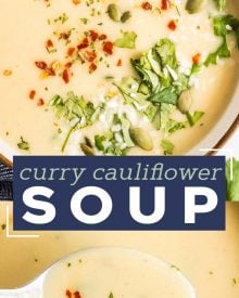 This Instant Pot cauliflower soup is quick and easy.  Using simple ingredients, this soup is low carb, vegan, and gluten free.  Flavored with warm curry spices, garlic and ginger and finished with creamy coconut milk, this is a cozy soup you can feel good about eating! #cauliflower #soup #instantpot #pressurecooker #vegan #lowcarb #keto #glutenfree