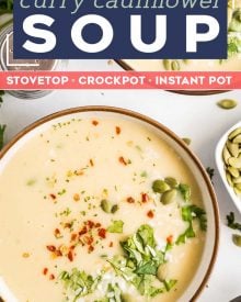 This Instant Pot cauliflower soup is quick and easy.  Using simple ingredients, this soup is low carb, vegan, and gluten free.  Flavored with warm curry spices, garlic and ginger and finished with creamy coconut milk, this is a cozy soup you can feel good about eating! #cauliflower #soup #instantpot #pressurecooker #vegan #lowcarb #keto #glutenfree