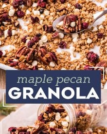 This delicious maple pecan granola recipe is the perfect way to start off your day!  Naturally sweetened with maple syrup, and made with simple pantry ingredients, you'll love this easy to make recipe! #breakfast #brunch #homemade #granola #healthy #maple #pecan #natural  