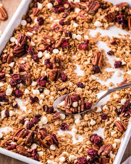 This delicious maple pecan granola recipe is the perfect way to start off your day!  Naturally sweetened with maple syrup, and made with simple pantry ingredients, you'll love this easy to make recipe! #breakfast #brunch #homemade #granola #healthy #maple #pecan #natural  