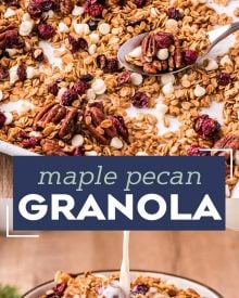 This delicious maple pecan granola recipe is the perfect way to start off your day!  Naturally sweetened with maple syrup, and made with simple pantry ingredients, you'll love this easy to make recipe! #breakfast #brunch #homemade #granola #healthy #maple #pecan #natural  