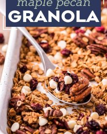 This delicious maple pecan granola recipe is the perfect way to start off your day!  Naturally sweetened with maple syrup, and made with simple pantry ingredients, you'll love this easy to make recipe! #breakfast #brunch #homemade #granola #healthy #maple #pecan #natural  