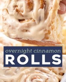 These Overnight Cinnamon Rolls are so soft and fluffy and slathered in a velvety cream cheese icing!  You'll love this warm and gooey breakfast recipe, and how easy it is to make ahead of time! #cinnamonrolls #cinnamon #breakfast #homemade #brunch #cinnabon #cinnamonbun