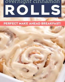 These Overnight Cinnamon Rolls are so soft and fluffy and slathered in a velvety cream cheese icing!  You'll love this warm and gooey breakfast recipe, and how easy it is to make ahead of time! #cinnamonrolls #cinnamon #breakfast #homemade #brunch #cinnabon #cinnamonbun