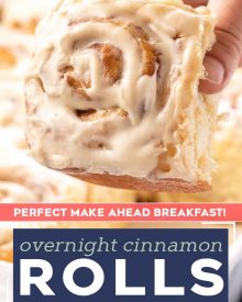 These Overnight Cinnamon Rolls are so soft and fluffy and slathered in a velvety cream cheese icing!  You'll love this warm and gooey breakfast recipe, and how easy it is to make ahead of time! #cinnamonrolls #cinnamon #breakfast #homemade #brunch #cinnabon #cinnamonbun