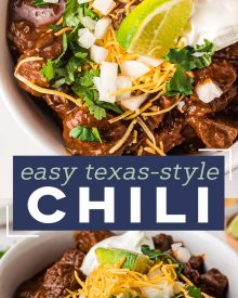 Texas-Style Chili recipe is thick and meaty, smoky and spicy.  This chili has no beans, but instead has a rich beefy gravy and chunks of seared beef that are slow simmered until perfectly tender. #texaschili #chili #nobeanchili #comfortfood #dutchoven #slowcooker
