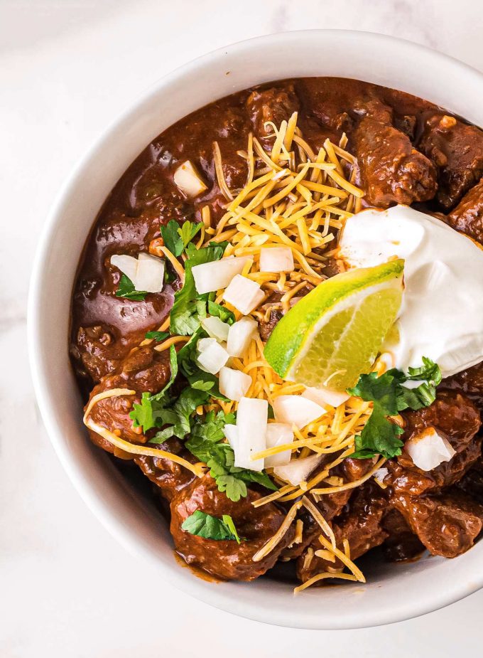 close up of a bowl of texas style chili