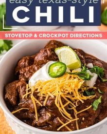 Texas-Style Chili recipe is thick and meaty, smoky and spicy.  This chili has no beans, but instead has a rich beefy gravy and chunks of seared beef that are slow simmered until perfectly tender. #texaschili #chili #nobeanchili #comfortfood #dutchoven #slowcooker