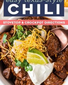 Texas-Style Chili recipe is thick and meaty, smoky and spicy.  This chili has no beans, but instead has a rich beefy gravy and chunks of seared beef that are slow simmered until perfectly tender. #texaschili #chili #nobeanchili #comfortfood #dutchoven #slowcooker