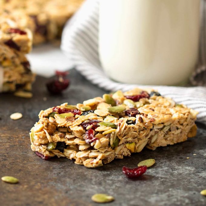 chewy no-bake granola bar with a bite taken out of it